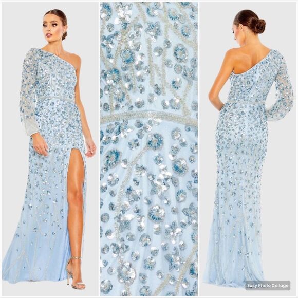 MAC DUGGAL  Blue Embellished One Sleeve Faux Wrap Gown 8 - Picture 1 of 14